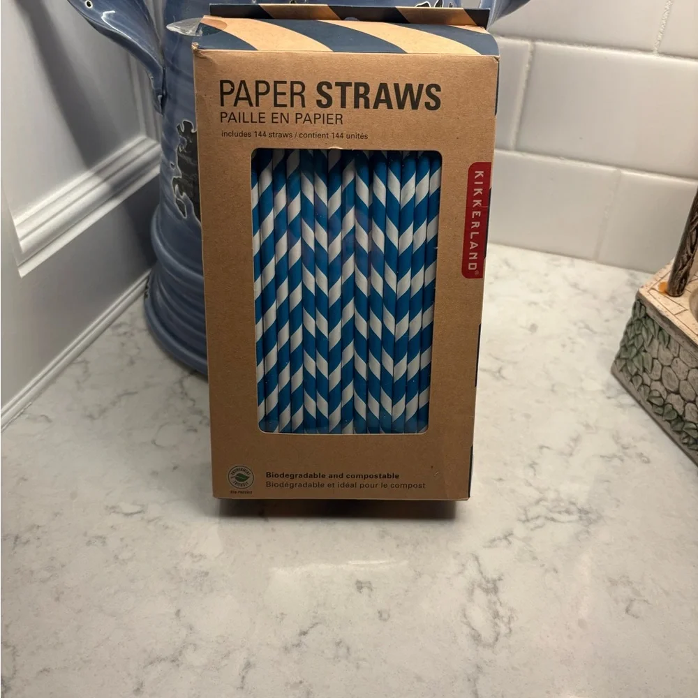 144 Kikkerland Blue & White Striped Paper Straws - Pack of 144